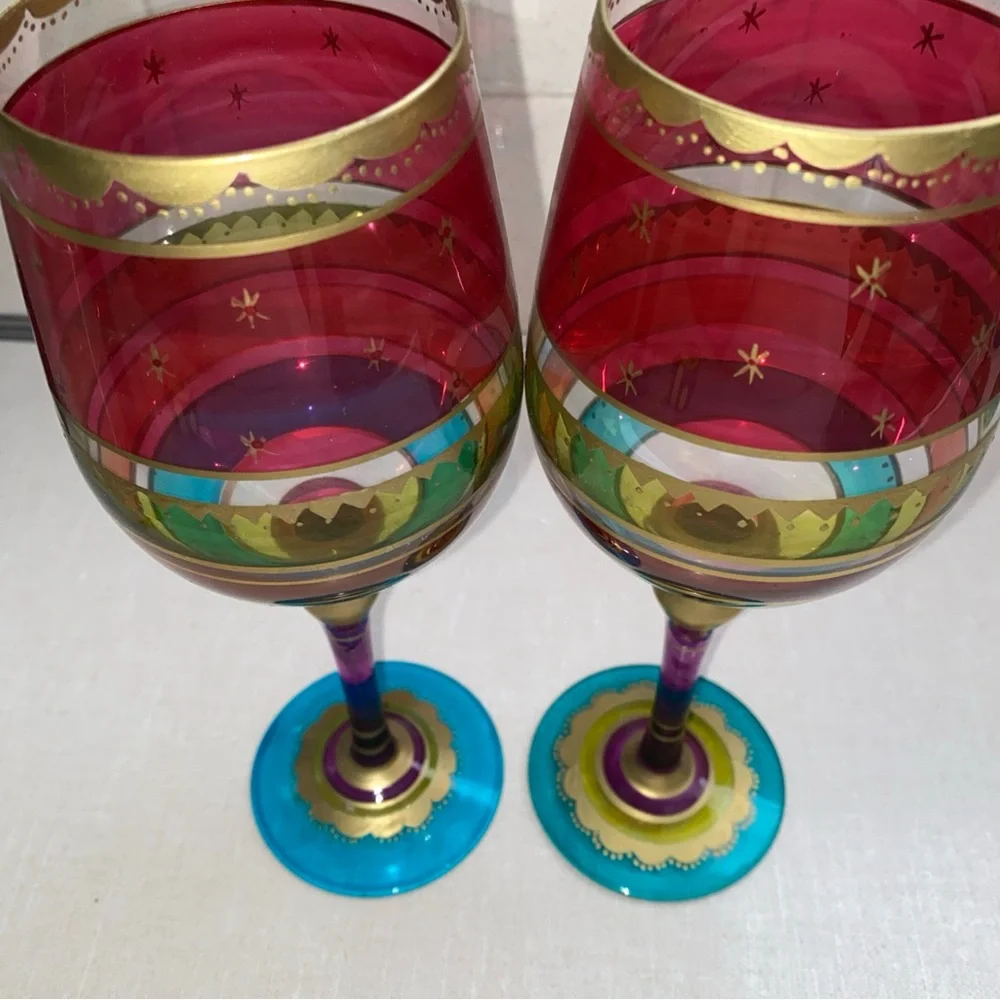 Pier 1 Festive Holiday Stripe Red Gold Purple Blue Wine Glass Set Hand‎ Painted